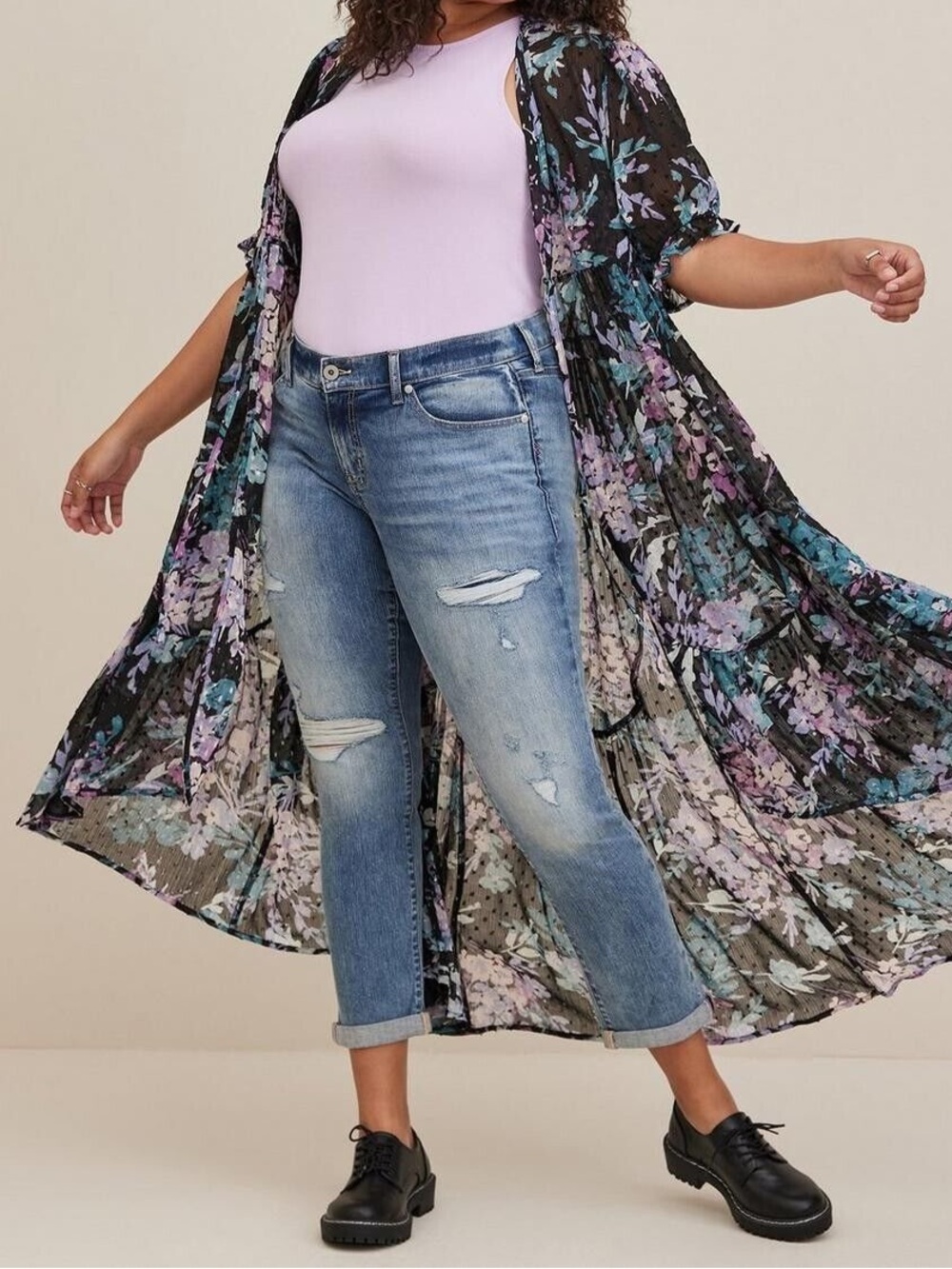 Torrid Black, Purple & Blue Floral & Dotted V-Neck Sheer Tie Front Kimono